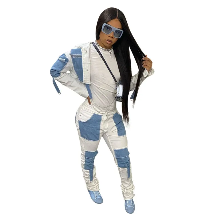 
vetement-femme Plastic stacked pants set stacking pants casual crop top personality denim pocket woman stack boby suits 