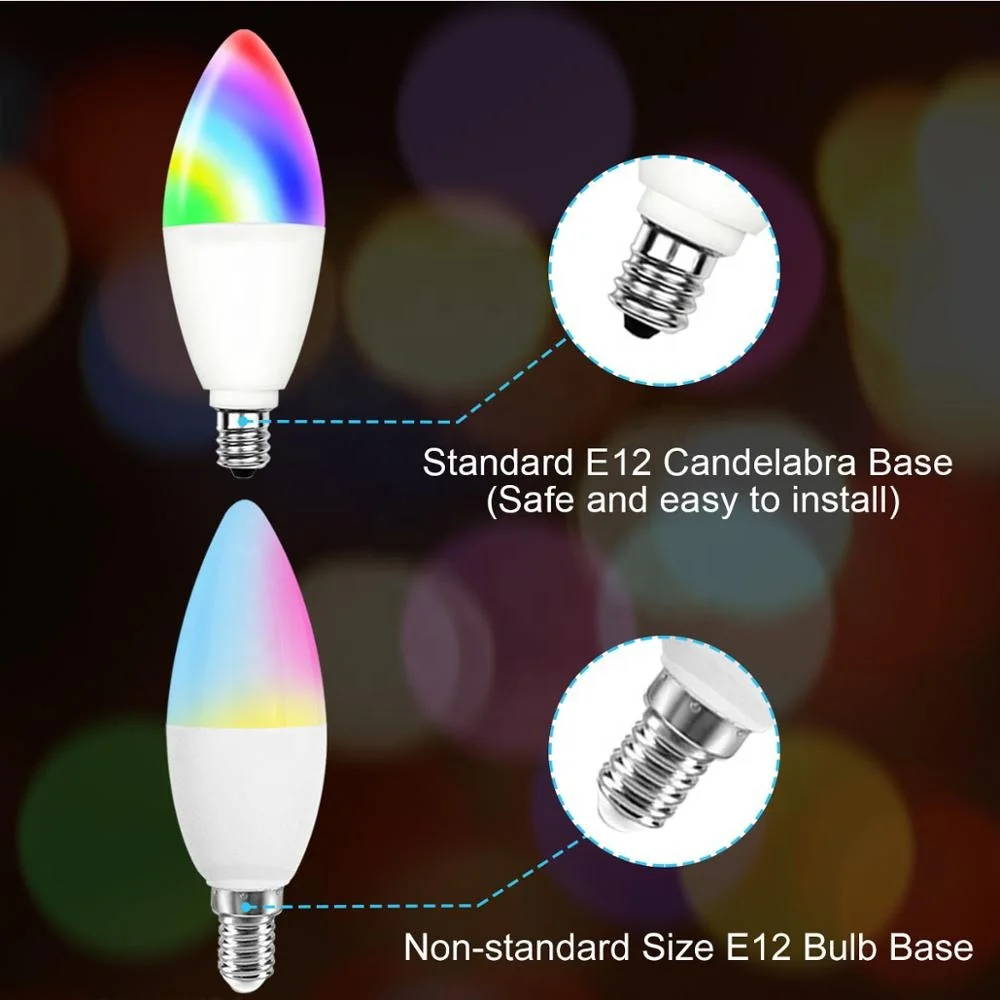 
Tuya APP Control 6W 400Lm E12 E14 RGBW Wifi Smart Candle Light Bulb RGB Color Change 