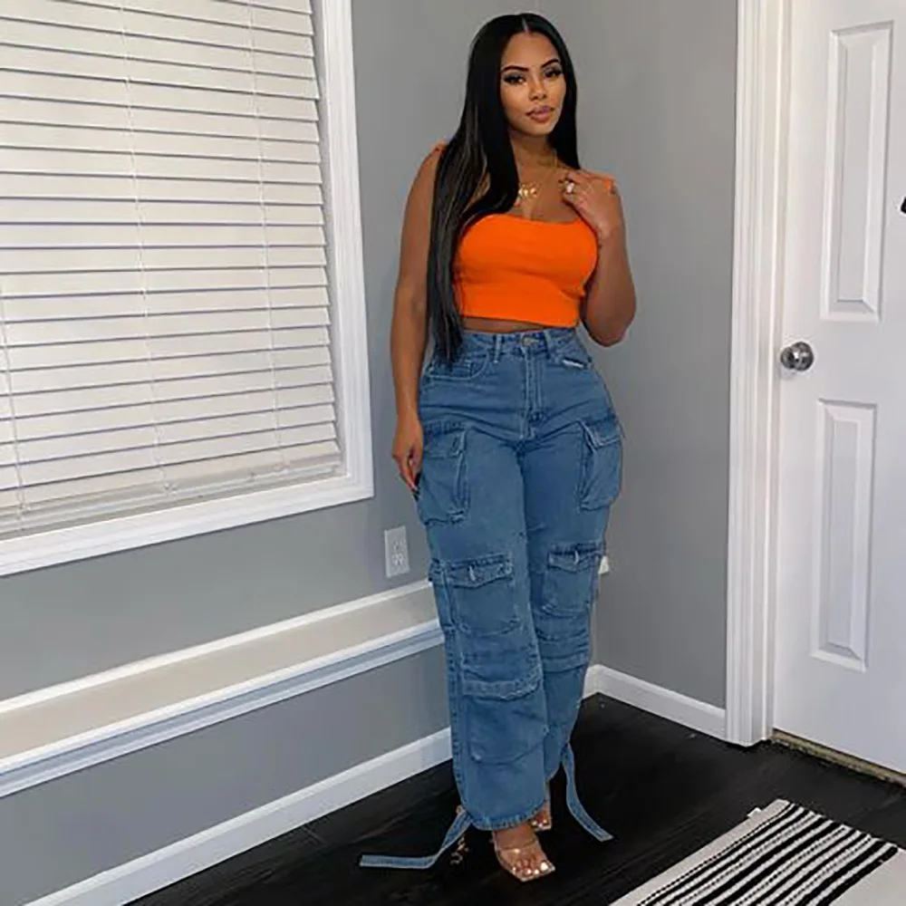 New Design Straight Loose Women jeans 2023 Multi-pocket Plus Size 3XL Causal Cargo Jeans Women