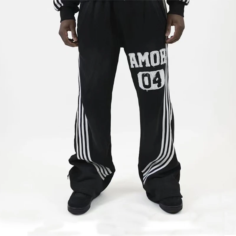 Custom Distressed Patch Embroidery Vintage Acid Wash Sweatsuit Hoodie And Straight Leg Flared Sweatpants Track Suit For Men