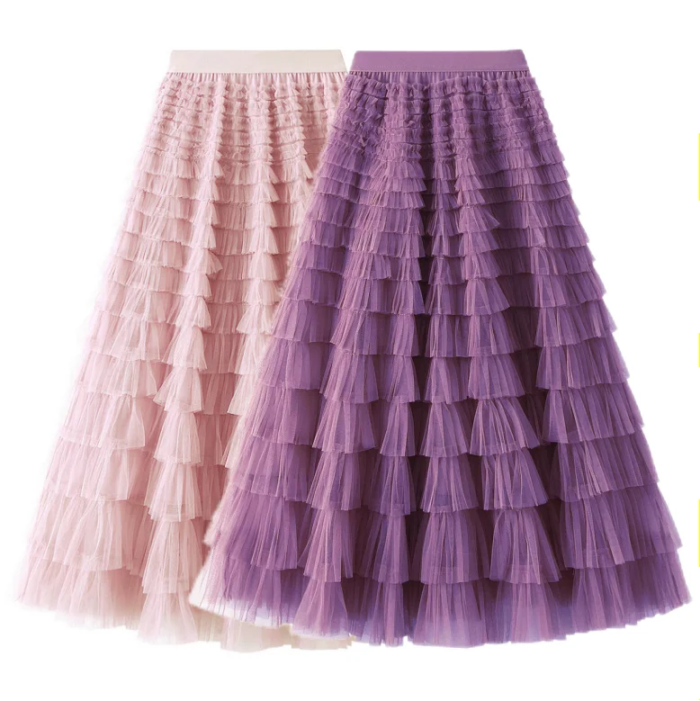 Leisure mesh cake skirt Spring and Autumn New Fashion Skirts Pleats Long gauze skirt