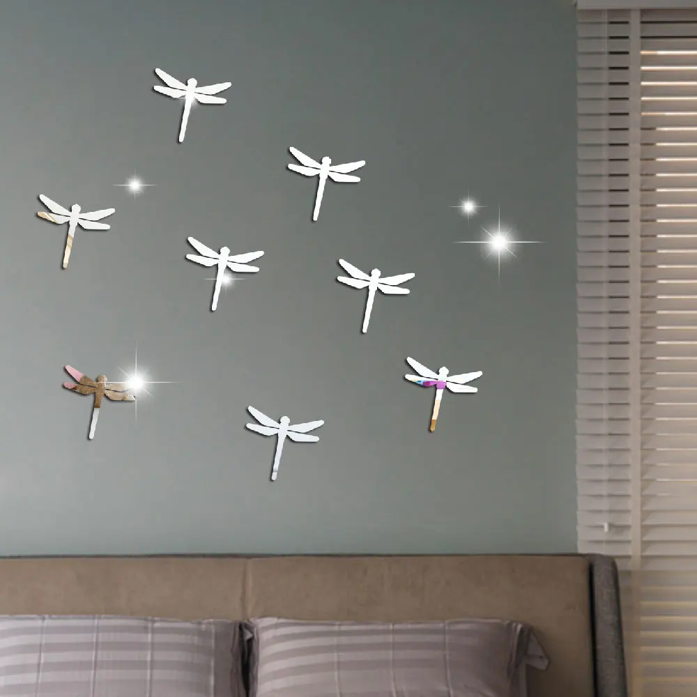 Acrylic Dragonfly geometric solid Mirror Wall Sticker 3D waterproof DIY self-adhesiveMirror Wall Sticker  Bedroom Living Room