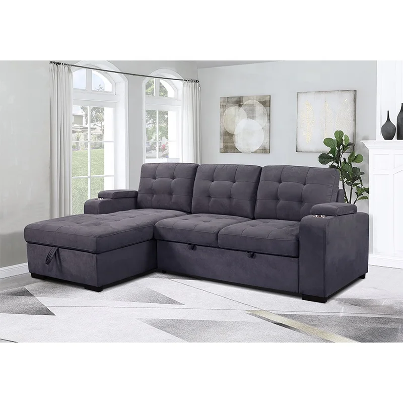 Customized Corner Sofa Set 1 Seats Chaise Living Room Sofa Steel Cups in Armrest Sofa Bed with Storage