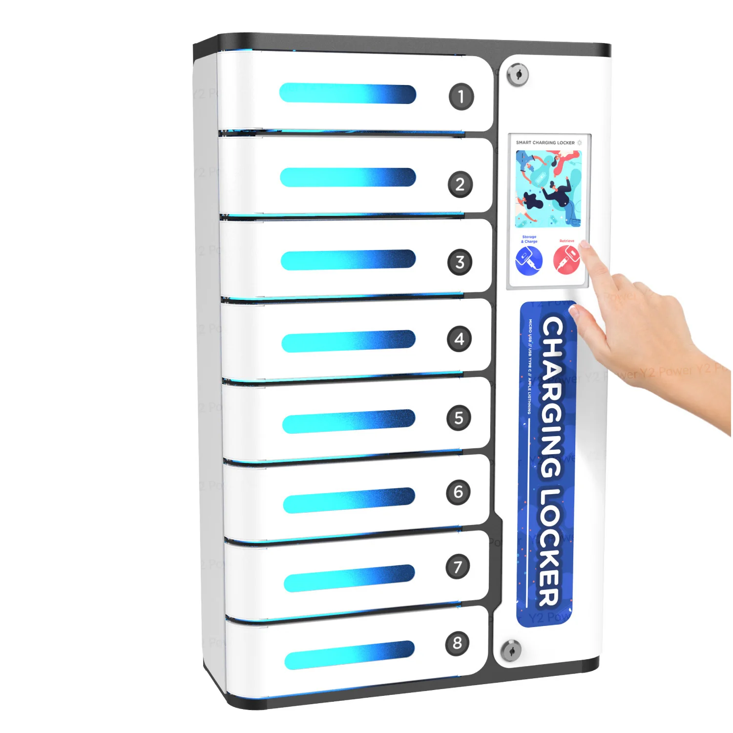 Y2 Power brand high quality MIA Premium 8 bay Touchscreen UV-C Sanitizing & Charging Locker Charge cabinet for smart phone
