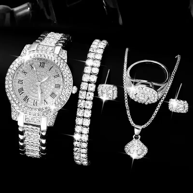 5pcs Set Golden Watch Women Ring Necklace Earrings Rhinestone Fashion Wristwatch Female Casual Ladies Watches Bracelet Set
