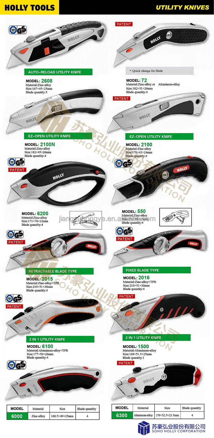 New TPR Grip Zinc Alloy Auto Self Load Blade Retractable Utility Knife Heavy Duty Manual Box Cutter with 10 Spare Reload Blade