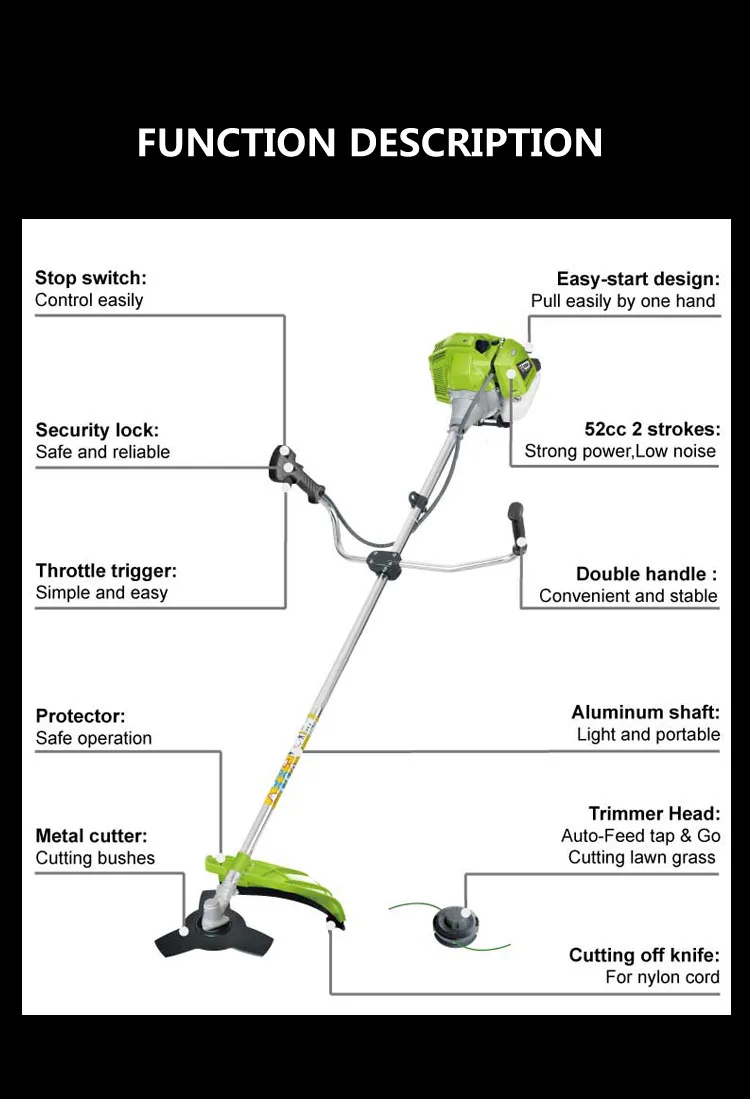VIDO powerful 1.9HP 52CC Gasoline Brush Cutter easy start bump peed system gasoline engine