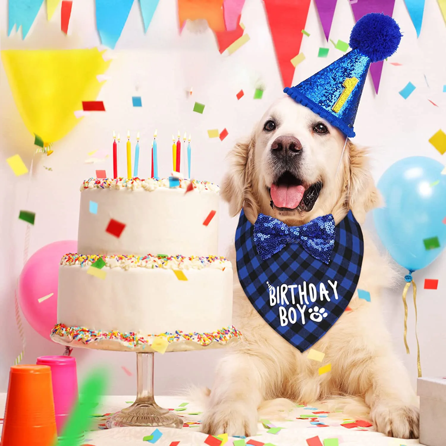 Pet Birthday Party Supplies Boy Girl Cake Bandana Triangle Scarf Clothes Shirt Cute Dog Hat Dog Bow Tie Collar with 0-8 Numbers