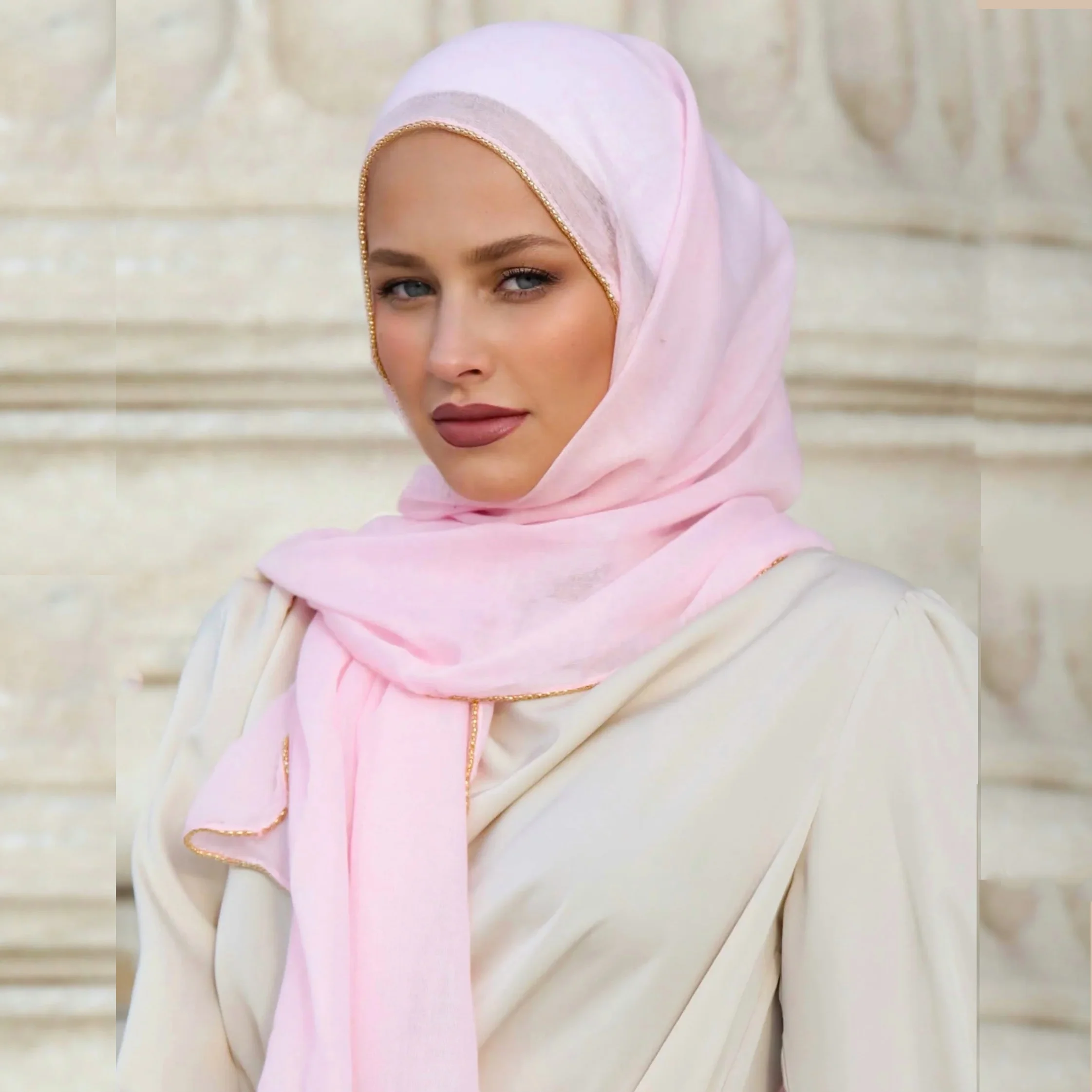 Sharut Wholesale Fancy Customize Hijab Muslim Women Scarf Musulman Shawl With Beads of Love Viscose TR Cotton Line Hijab Scarf