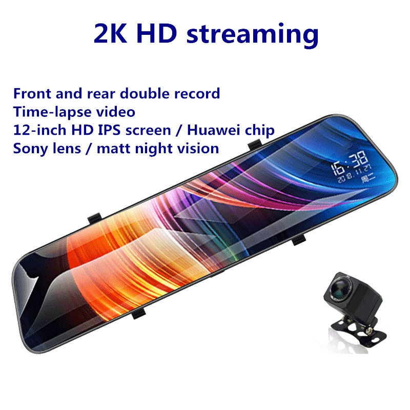 12 дюймовое зеркало заднего вида с 2K Car DVR потоковый медиа-Dash Cam 1440P спереди и сзади Двойной Автомобильный видеорегистратор