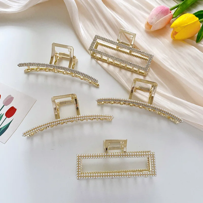 Hot Europe Women Fashion Rectangle Pearl Hair Clips Accessories Crystal Metal Rhinestone  Hair Claw