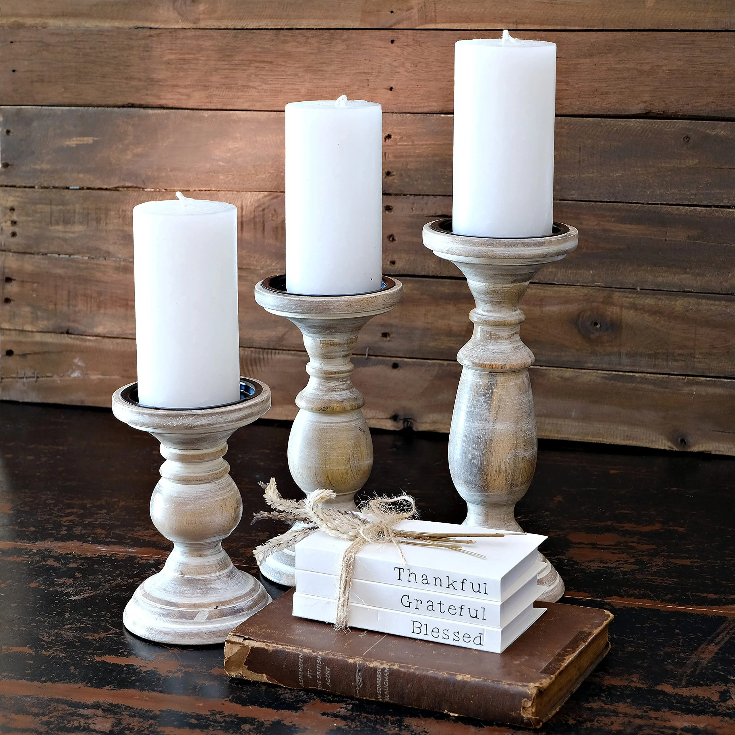 A set of 3 wooden candlesticks, shabby candlesticks, Candlelight Dinner Candle holder