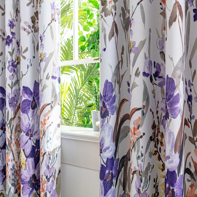 Factory Manufacture 3d Digital Printing Purple Orchid Floral Blackout Ring Curtains High Shading Window Curtains For Bedroom