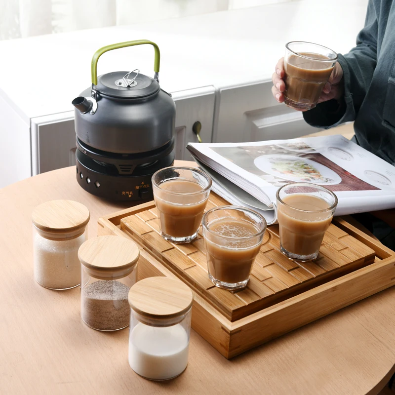 New design hot sale home outdoor camping travel glass coffee cup jar and bamboo melamine tray set with stove