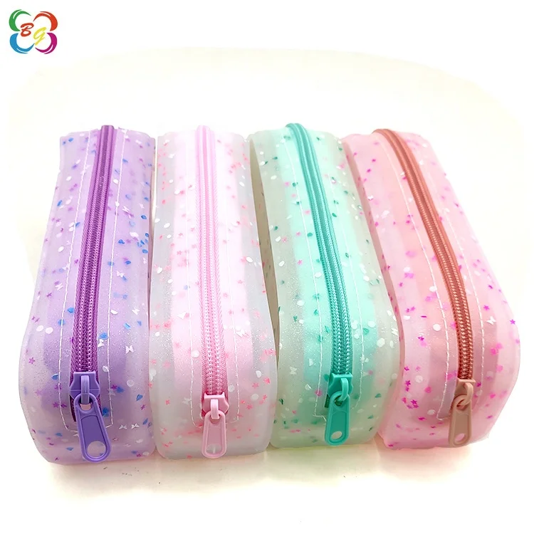 Custom Transparent Silicone Pencil Case Cute School Kids Glitter Pencil Pouch for Carrying Pencils and Stationery