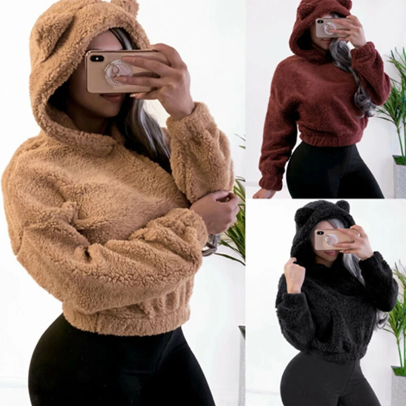 Womens Teddy Bear Ear Faux Fur Hoodies Sweatshirts Ladies Jumper Pullover Crop Tops Winter Warm Hoodie Fluffy Fleece Coat Sweats