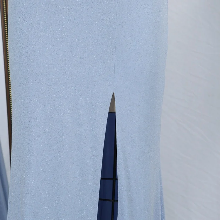 Light Blue hand pleated sleeveless lace up back side slit shiny stretch satin prom dresses