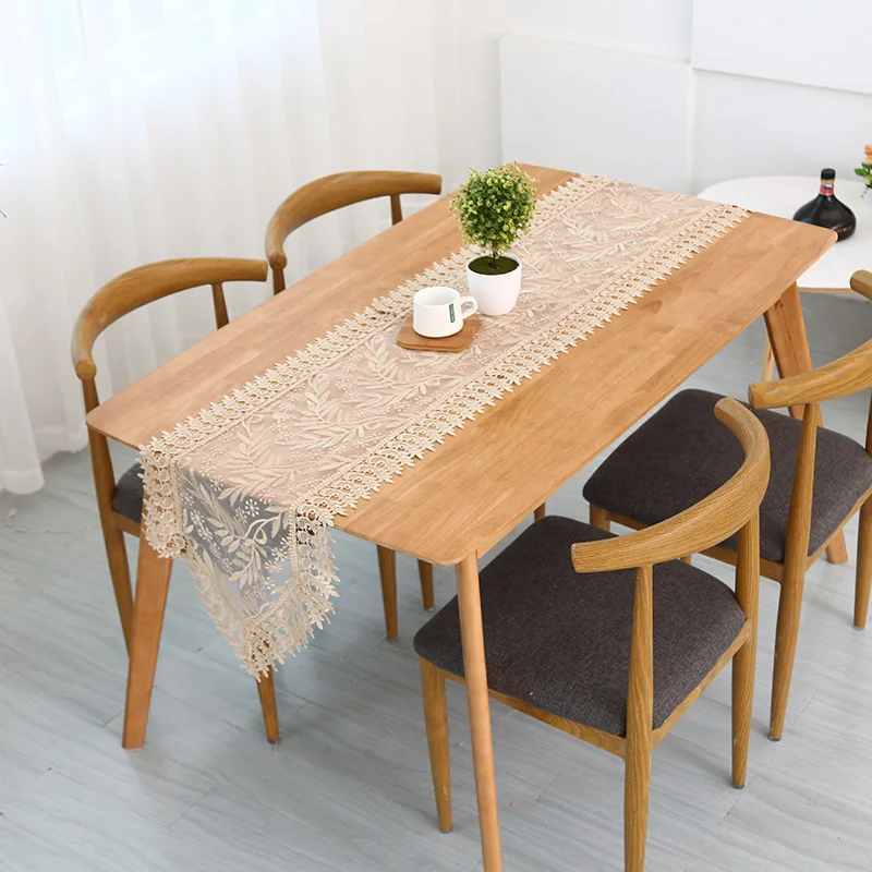 Modern Style Beautiful Hollow Lace Linen Village Fabric Leaves Flower Embroidered Table Runner For Decor