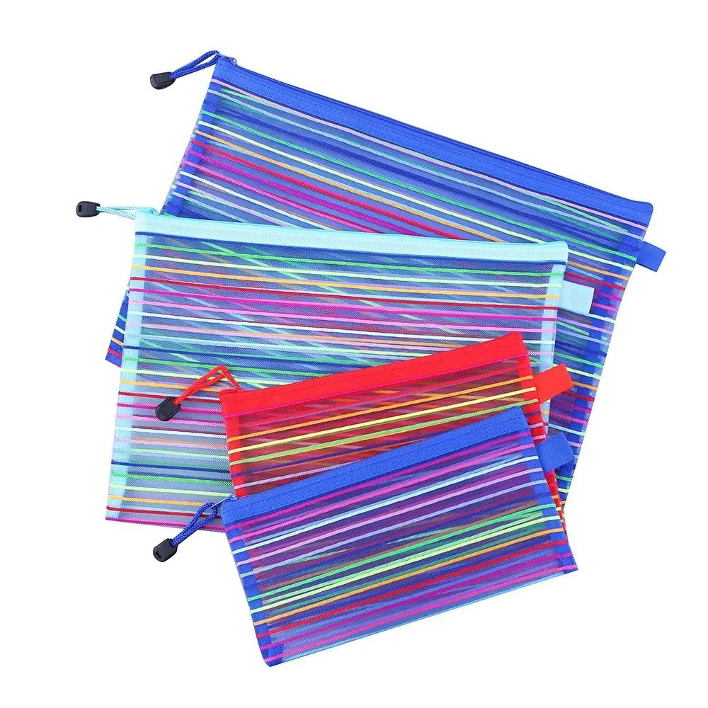 Portable Fabric Pencil Bag for Students Colorful Mesh Stationery File Organizer with Transparent Zipper