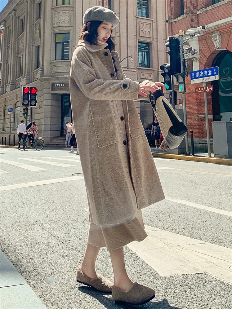 high quality hot selling winter warm formal streetwear ladies office long sleeve knee length woolen coat women