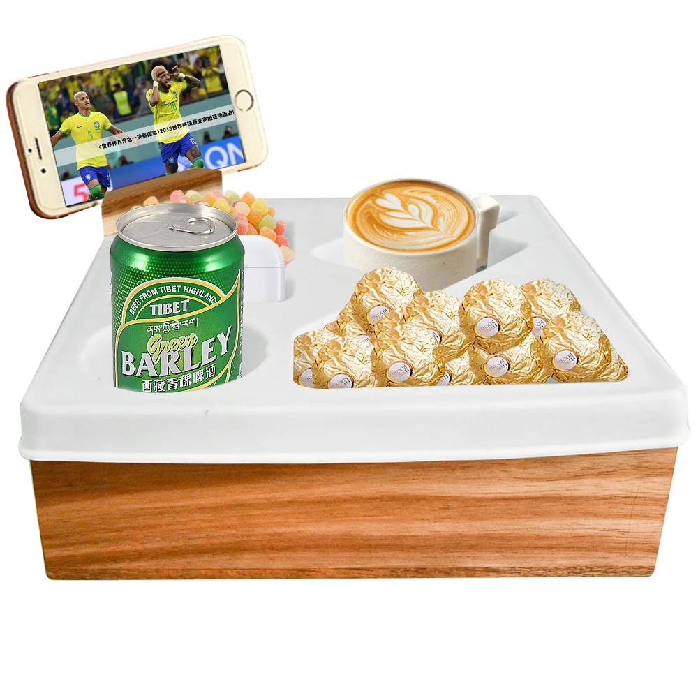 2024 Acacia Wood Couch Tray with Waterproof and Anti-Spill Design 100% Bamboo Caddy for Snacks and Drinks with Built-in Control