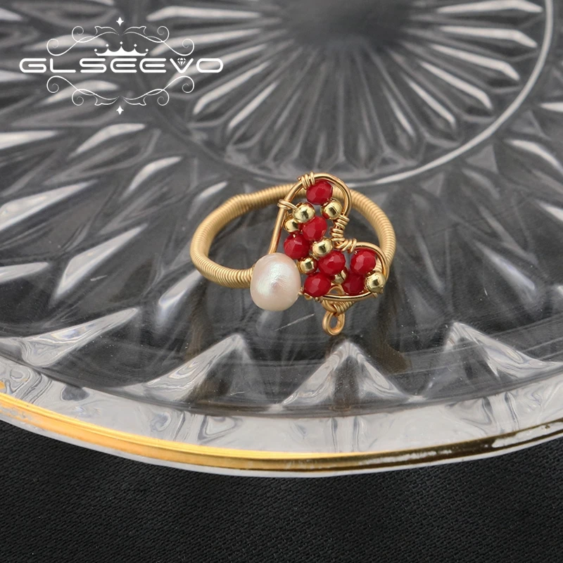 Natural Freshwater Pearl Love Adjustable Red Glass Ring   Wire Wrapped  Gifts for Girlfriend Couple Gold Plated Ring Jewelry