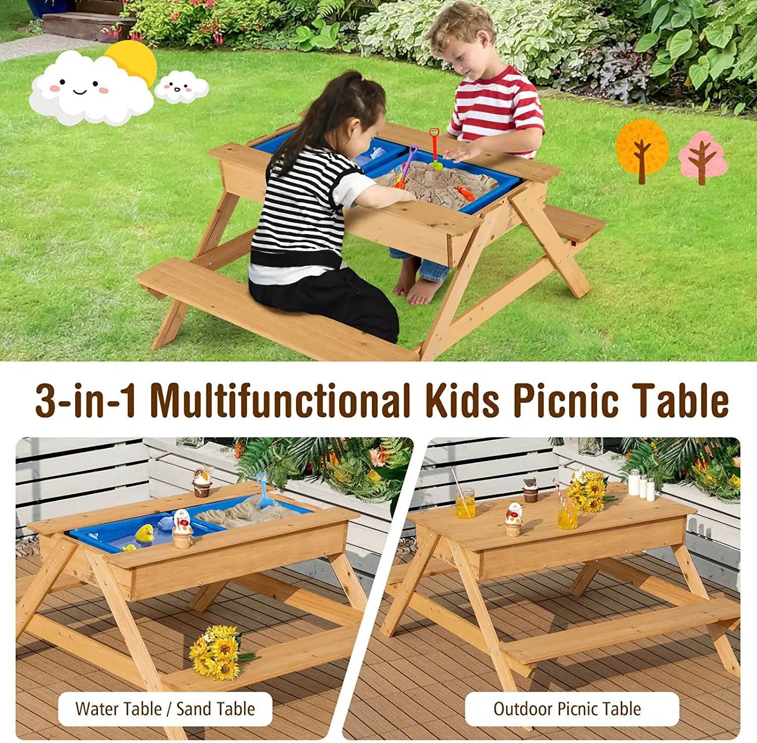 Kids Picnic Table  Outdoor Patio Dining Table  Wood  Activity Play Table  with Sand and Water Storage Box