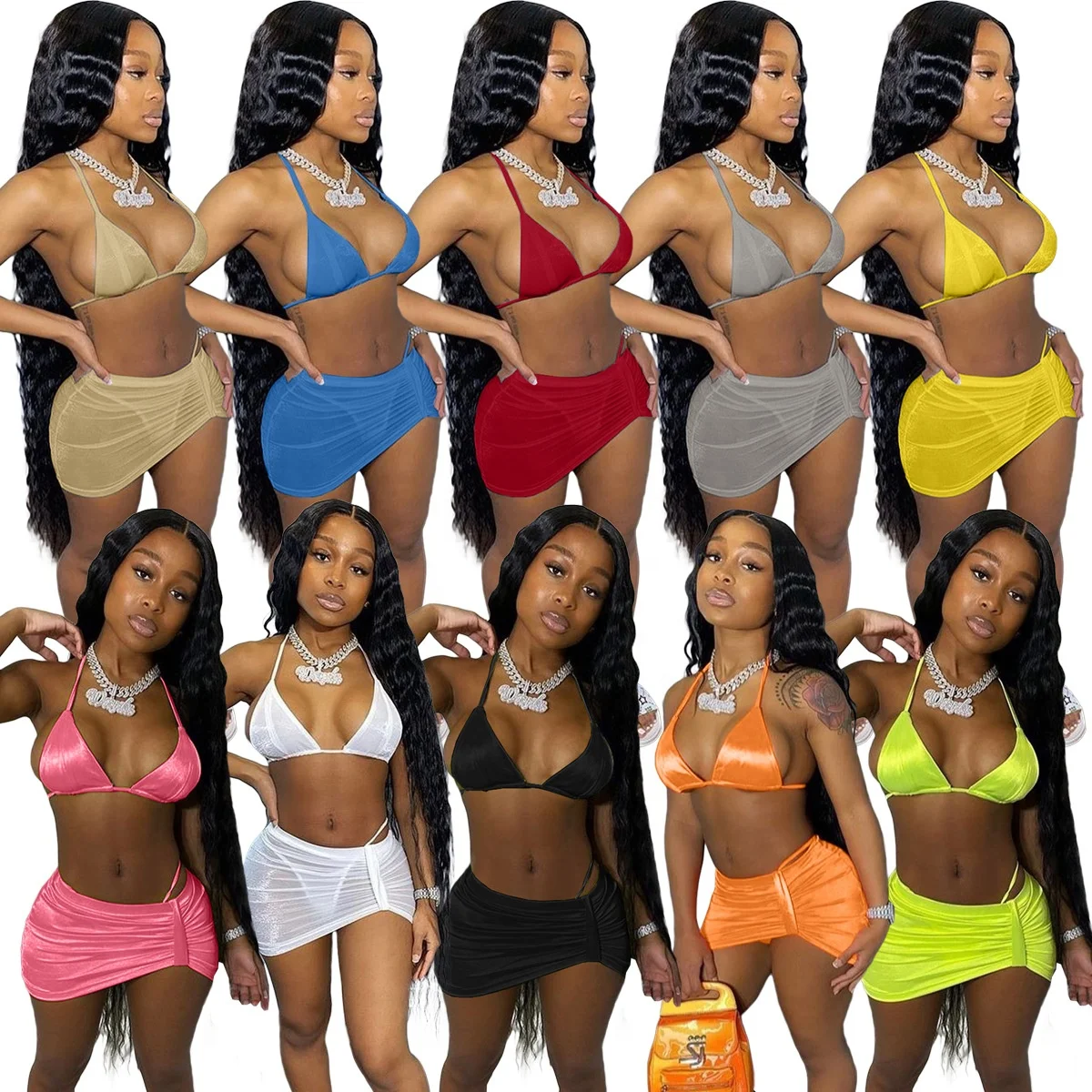 Sexy Solid 3 Piece Bikini Swimsuits Bodycon Bottoms Bathing Suits For Women