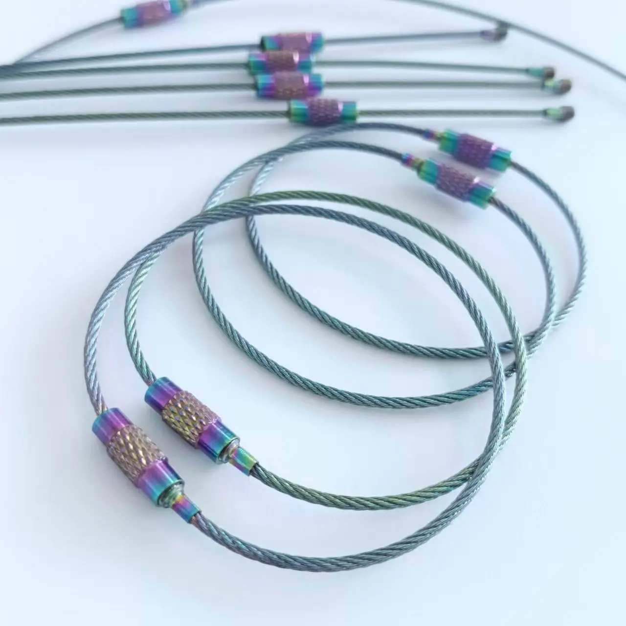 Wholesale  gradient color Stainless Steel Wire Cable Key  Luggage keychain maker wire keychain cable  luggage cable locks