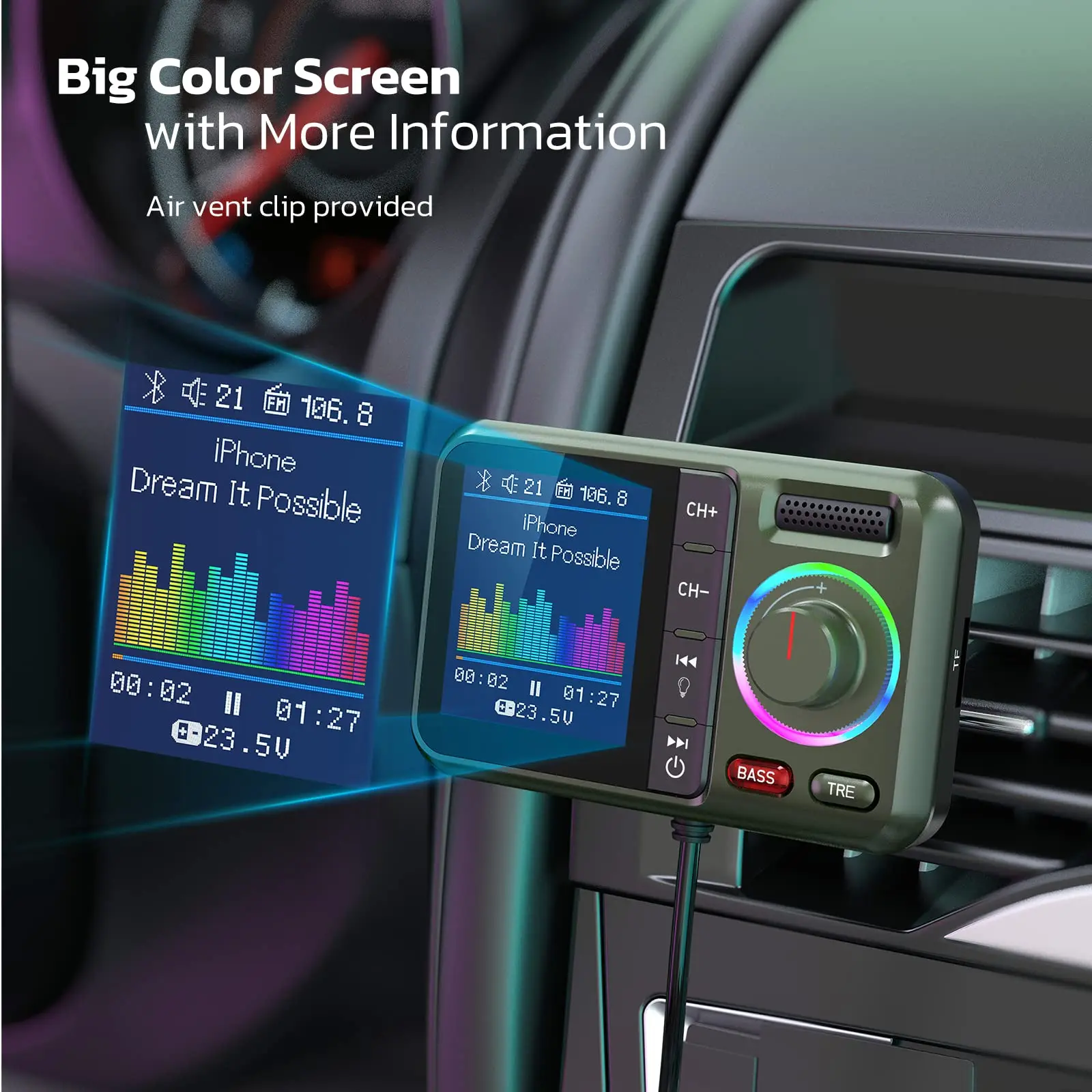 BT98 Wireless Car Bluetooth Adapter V5.0 with Big Color Screen AUX TF Card MP3 Music Player with Bass Treble Car FM Transmitter