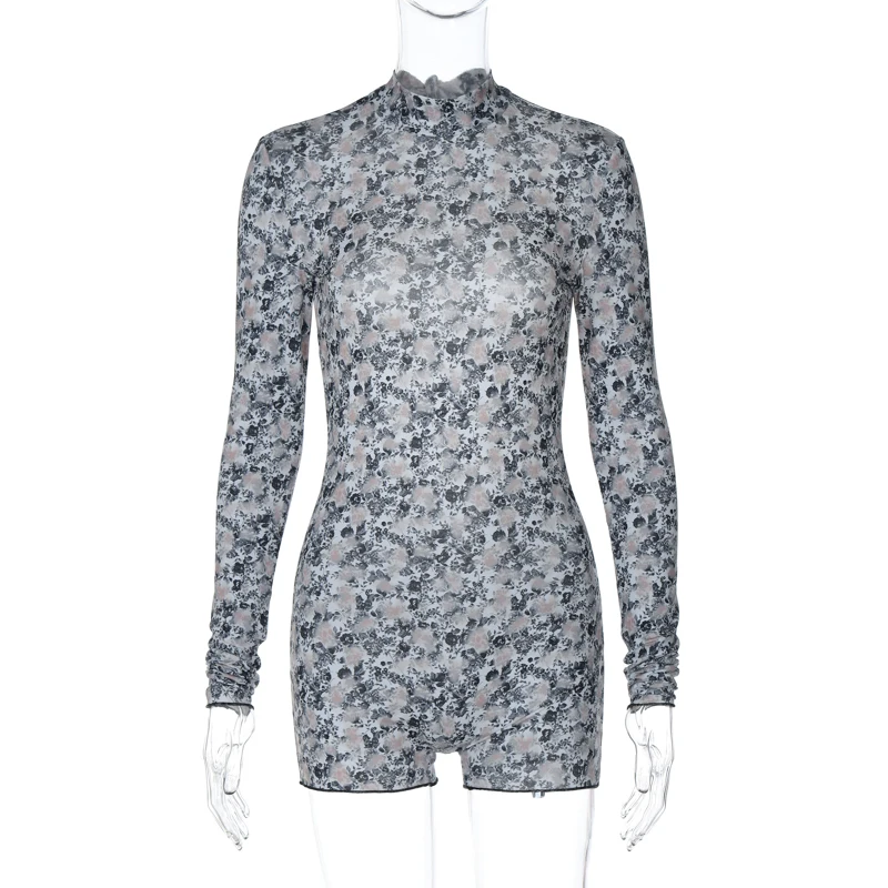 Club Wear Long Sleeve Bodycon One Piece Lace Up Hollow Out Open Back Short Floral Printed Sexy Backless Jumpsuit Women