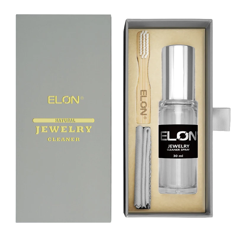 ELON Natural Liquid Jewelry Cleaner Solution with Brush and Luxury Box for Gold Silver Diamond Cleaning