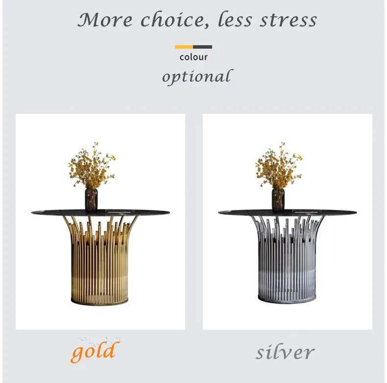 Black round tempered glass dining table with gold silver stainless steel base for home hotel restaurant dining room