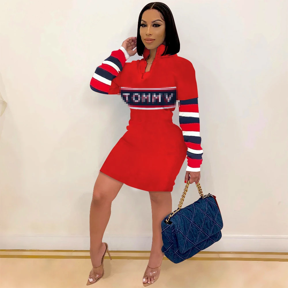 
New Design Letter Print Dress Zipper Front Stand Neck High Waist Dressesfall Fall 2021 Women Clothes Ladies 
