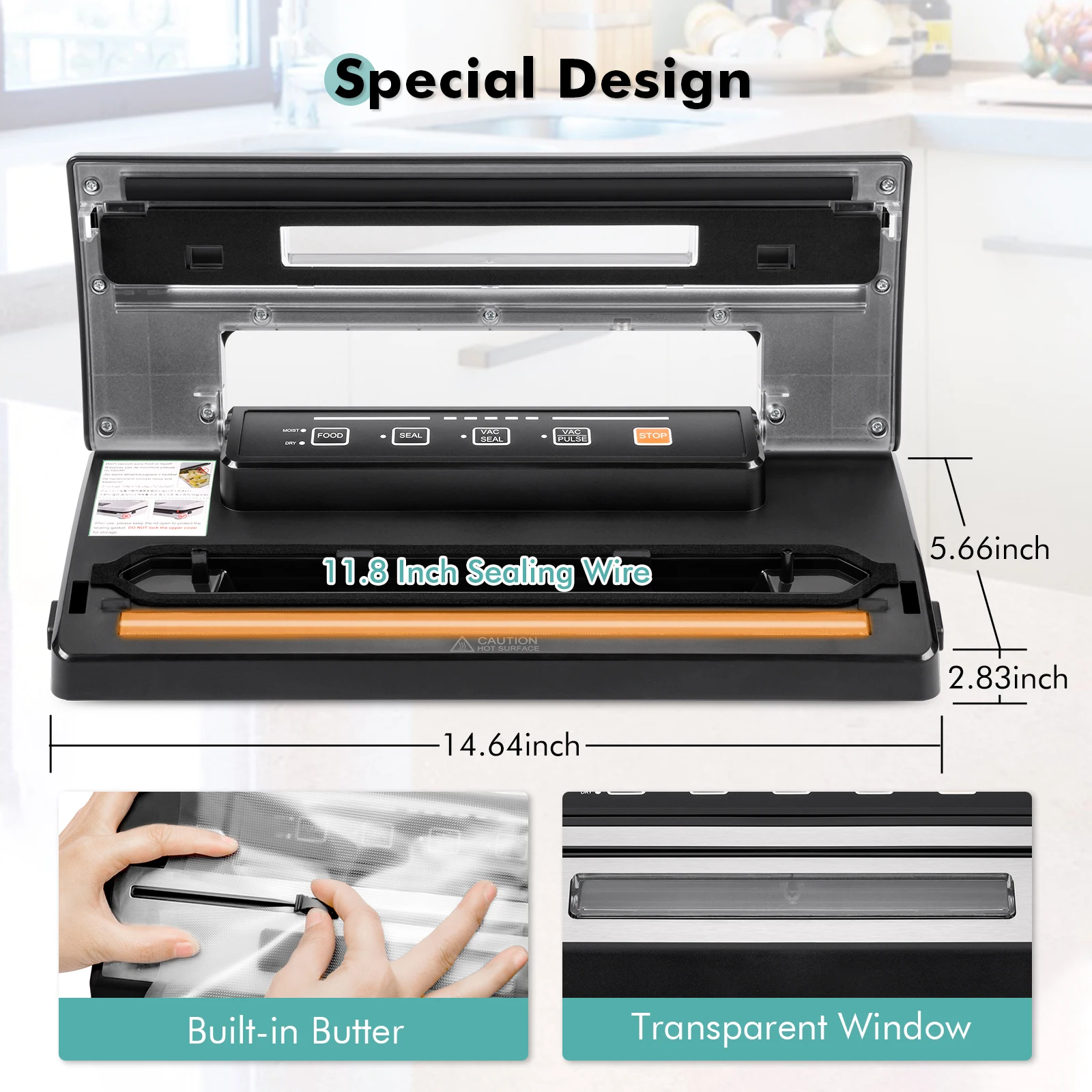 Small Visual Window Sealer Vacuum Machine for Food with Built-In Cutter Roll Film Compartment Easy Bag Position Confirmation