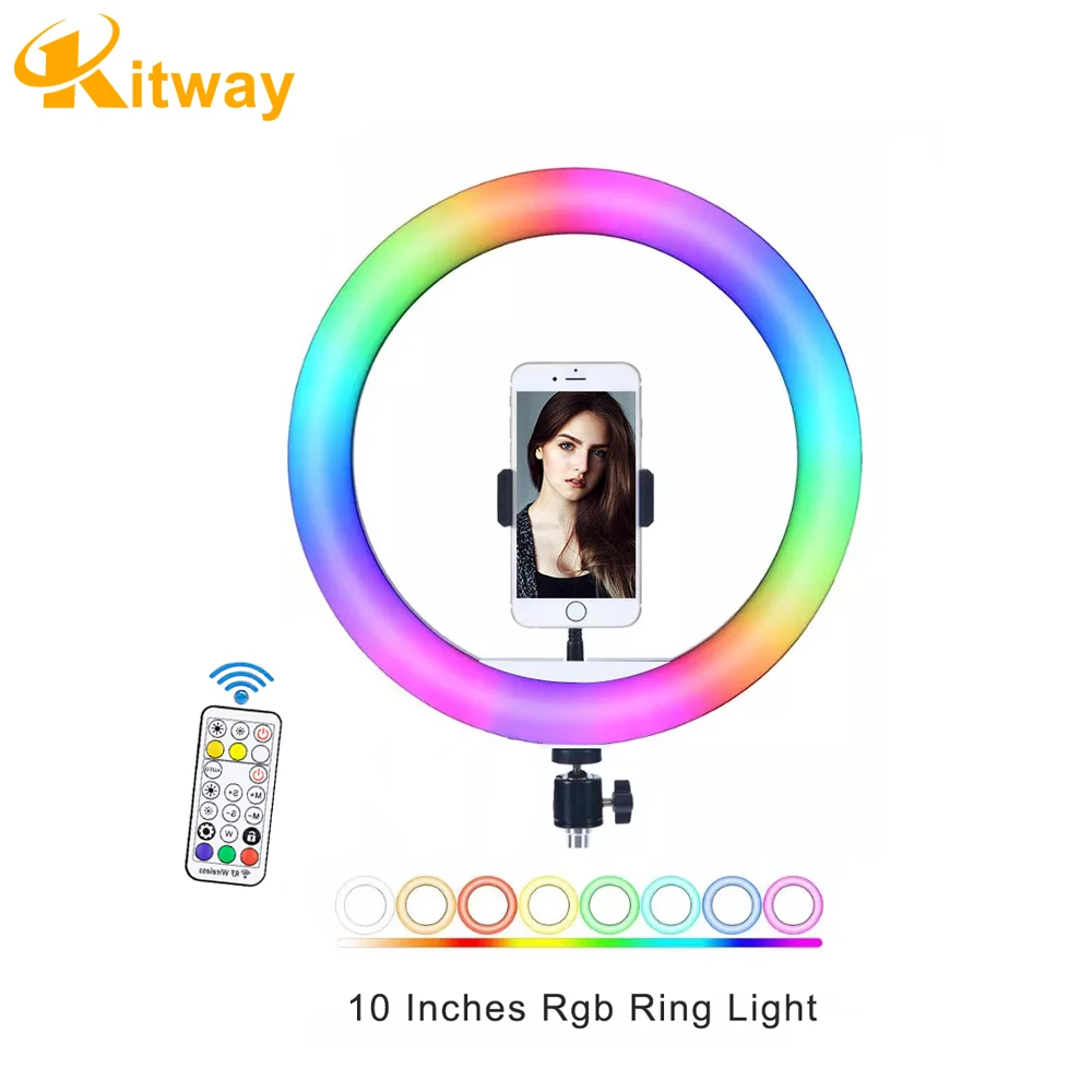 New Dimmable 10 Inch Circle Photography Lighting 16 colour Led RGB Ring Light with Phone Stand