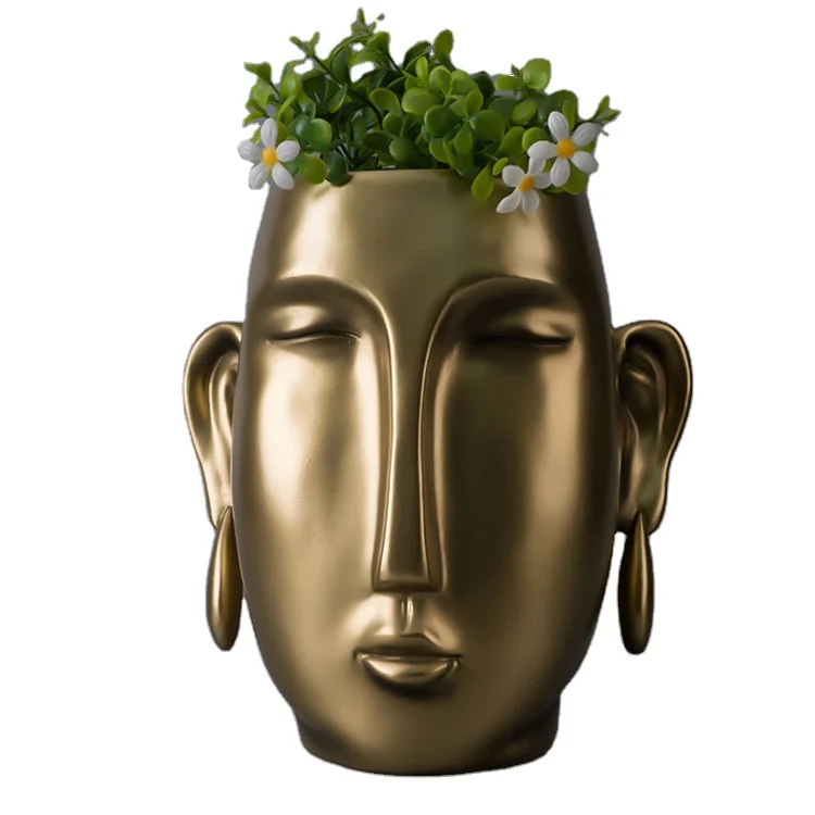 SE7 Custom Unique Other Gold Resin Indoor Home Decor Face Table Bum Flower Pot Floral Buddha Head Vases Flowerpot