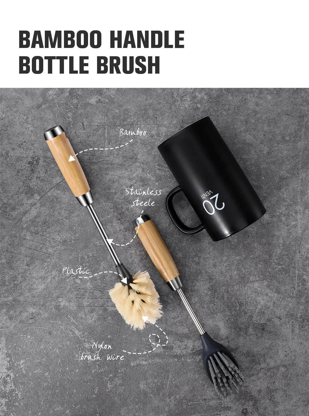 Masthome eco-friendly Bamboo handle holder Nylon bristle steel cleaning water bottle brush