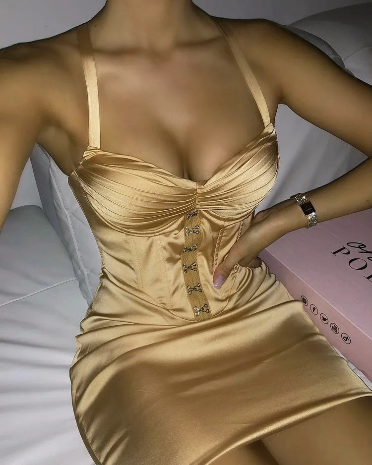 Women Satin Corset Belted Breasted Wrap Breast Pads Stretchy Mini Dress Elegant Sexy Party Dresses Ladies Wholesale