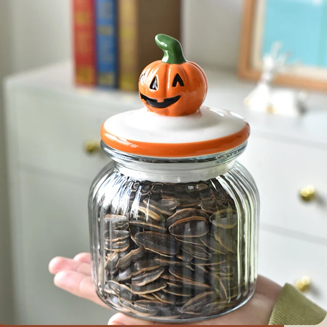 New Glass Nut Sealed Jar Halloween Storage Jar with Seal Lid Pumpkin Ceramic Canister Candy Jar with Lid for Halloween