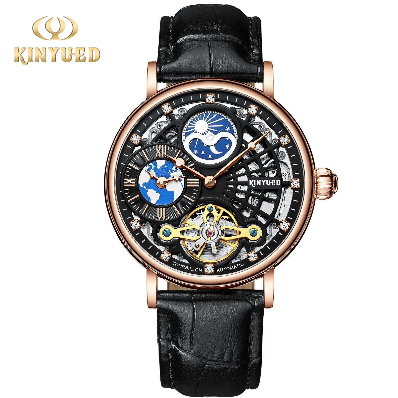 2023 Kinyued J098 Watch With Custom Logo Moon Phase Luxury Tourbillon Automatic Mechanical Watch