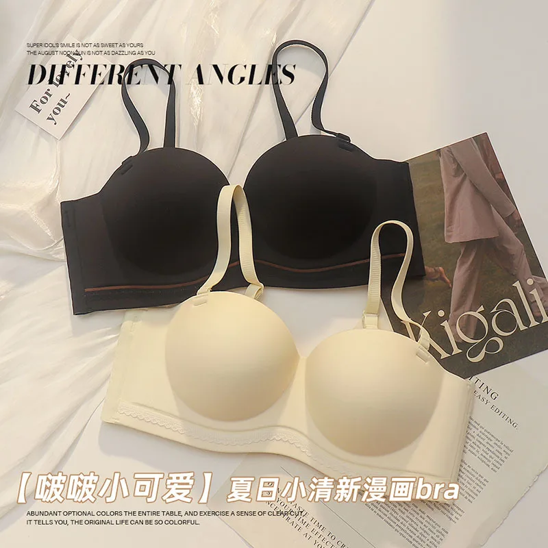 Women Seamless Gather Small Breast Bra One piece Comfortable Half Cup Brassiere Strapless Bra Wirefree Push Up Bra
