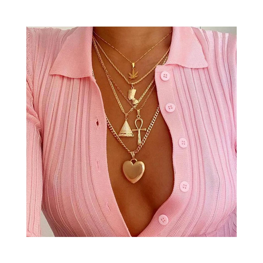 Hot Sales fashion statement women men multi layered heart necklace jewelry custom maple leaf gold cross pendant egypt necklace