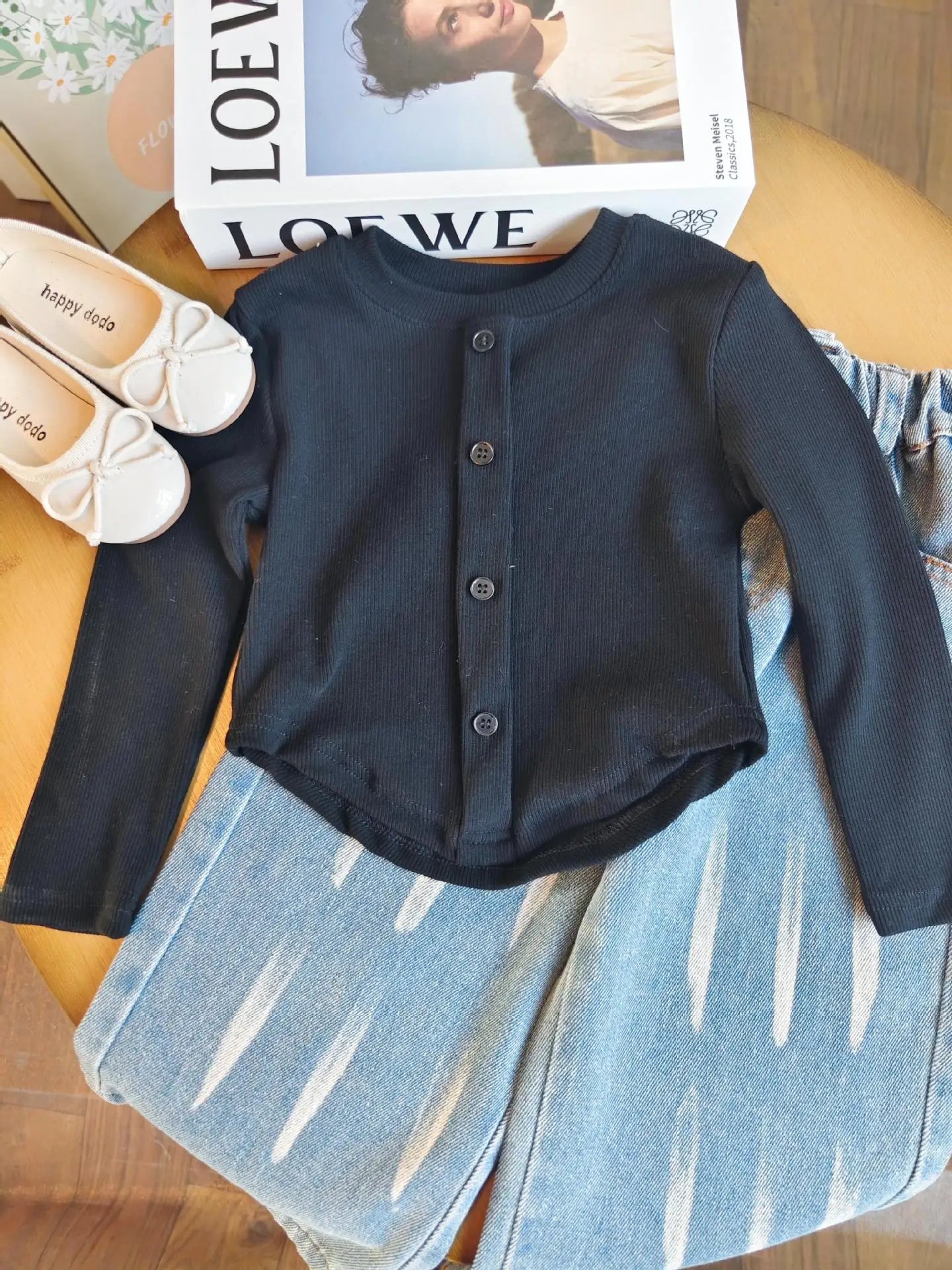 2024 Spring Autumn Korean Girls Suit Black Long Sleeve Irregular Tops Denim Loose Trousers Two Piece Kids Clothes Casual