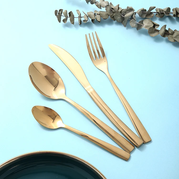 Custom stainless steel spoon set gold silverware talher cubiertos dorados spoon and fork luxury golden cutlery flatware sets