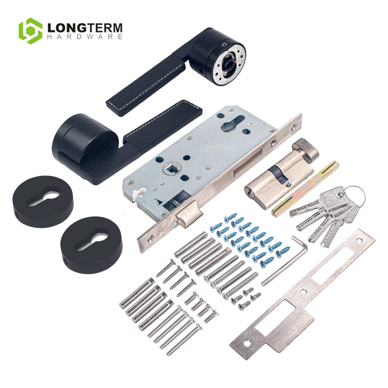 Internal Door Handle Lock Safety Interior Wood Door Lever Set Modern Black Leather Minimalist Zinc Alloy Door Handles