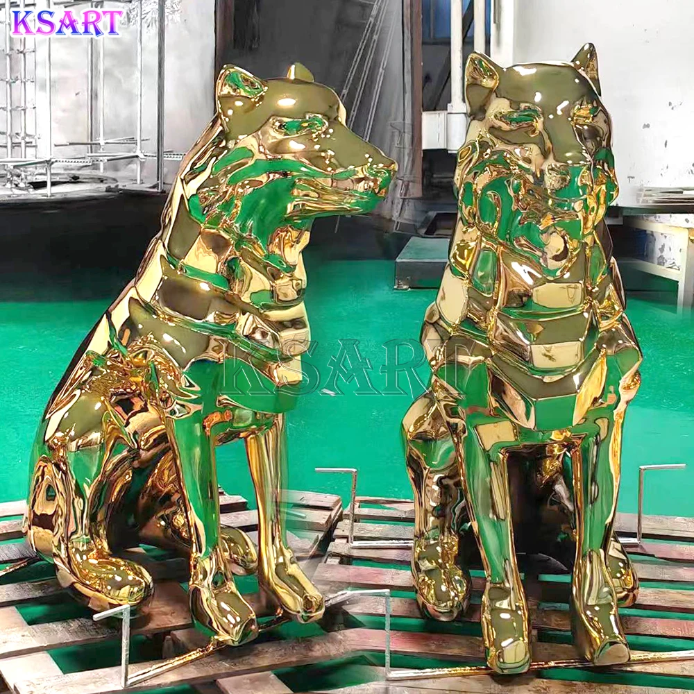 Life Size Art sculpture Resin window Display Model Art Wolf statue body electroplated gold custom chrome plated crafts