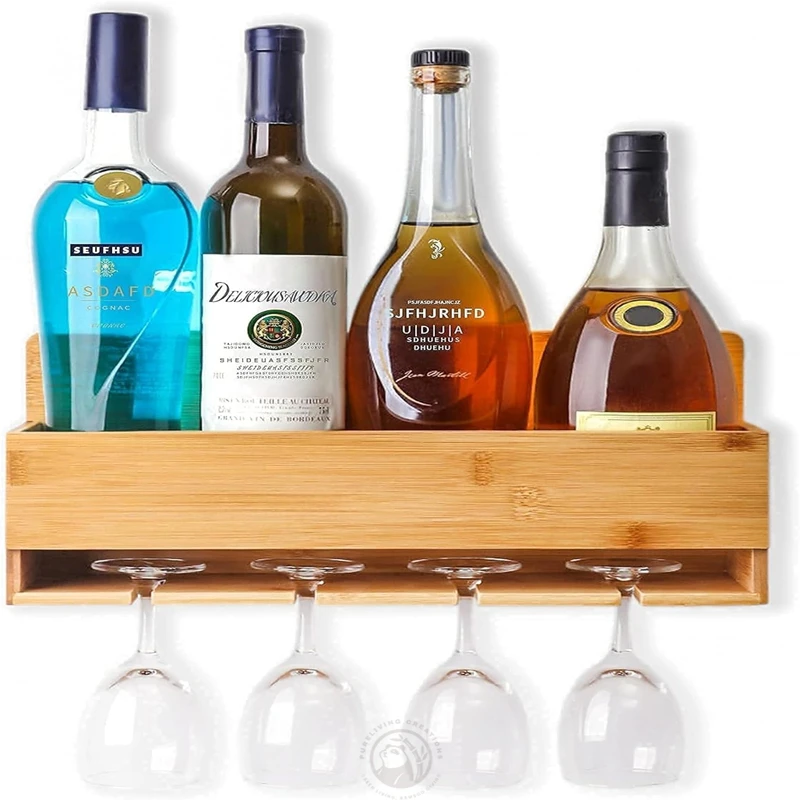 Modern Floating Bamboo Wine Bottle Glass Holder Wine Rack Wall Mounted with Stemware Hanger for Kitchen Dining Room Bar