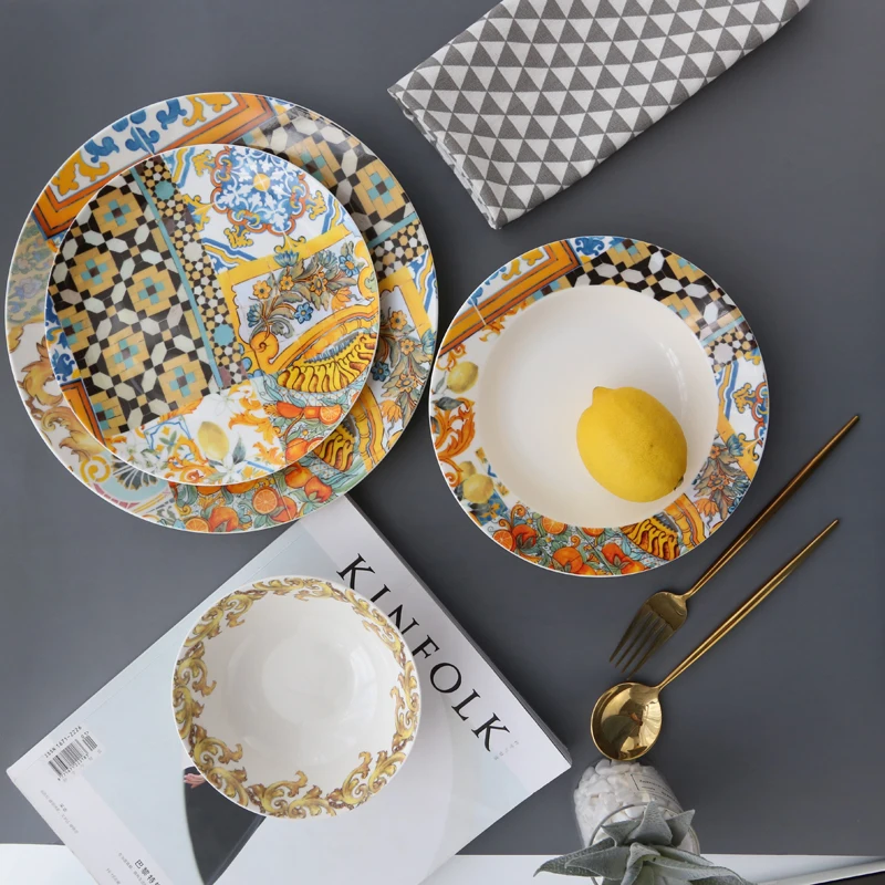 DN72 роскошные наборы тарелок в сицилийском дизайне, керамические наборы посуды, оптовая продажа