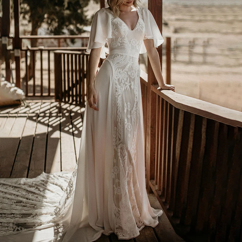 
Wholesale White High Quality Elegant V Neck Short Sleeve Lace Crepe Bridal Wedding Dress 